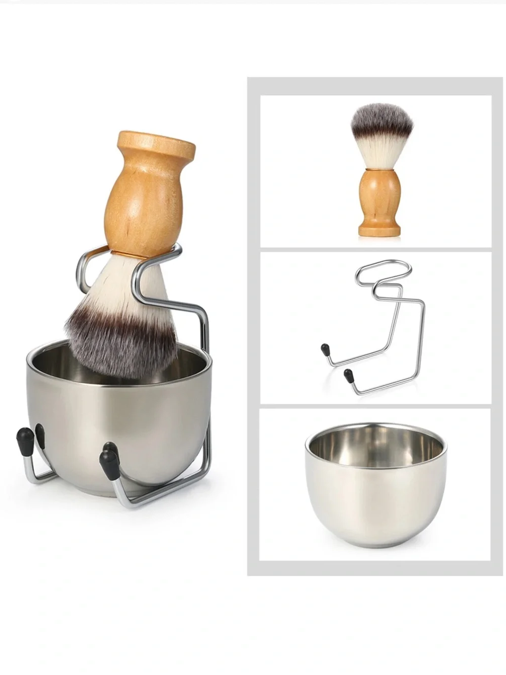 Wood Handle Shaving Brush with Silver Lather Bowl and Stand - Men Grooming NIB